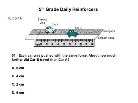 5 th Grade Daily Reinforcers TEK 5.4A Starting Line Sandpaper Smooth wood Car A Car B 51. Each car was pushed with the same force. About how much farther.