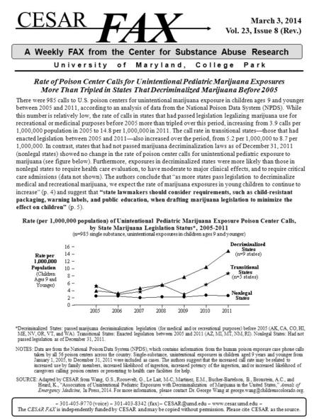 CESAR FAX U n i v e r s i t y o f M a r y l a n d, C o l l e g e P a r k A Weekly FAX from the Center for Substance Abuse Research March 3, 2014 Vol. 23,