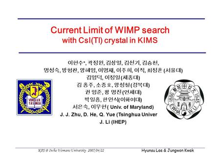 Iwha Womans University 2005/04/22 Hyunsu Lee & Jungwon Kwak Current Limit of WIMP search with CsI(Tl) crystal in KIMS 이현수 *, 곽정원, 김상열, 김선기, 김승천,