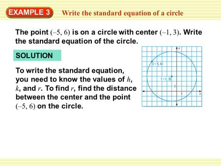 EXAMPLE 3 Write the standard equation of a circle The point (–5, 6) is on a circle with center (–1, 3). Write the standard equation of the circle. SOLUTION.