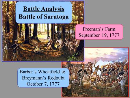 Battle Analysis Battle of Saratoga Freeman’s Farm September 19, 1777 Barber’s Wheatfield & Breymann’s Redoubt October 7, 1777.