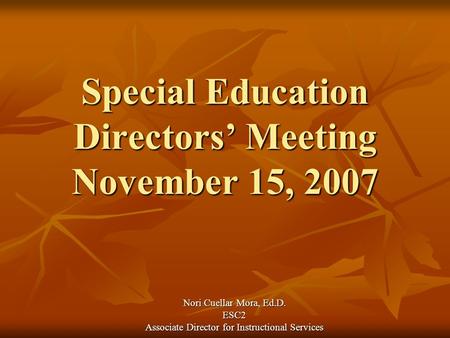 Special Education Directors’ Meeting November 15, 2007 Nori Cuellar Mora, Ed.D. ESC2 Associate Director for Instructional Services.