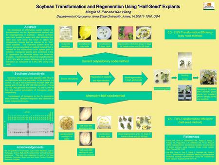 Soybean Transformation and Regeneration Using “Half-Seed” Explants Margie M. Paz and Kan Wang Department of Agronomy, Iowa State University, Ames, IA 50011-1010,