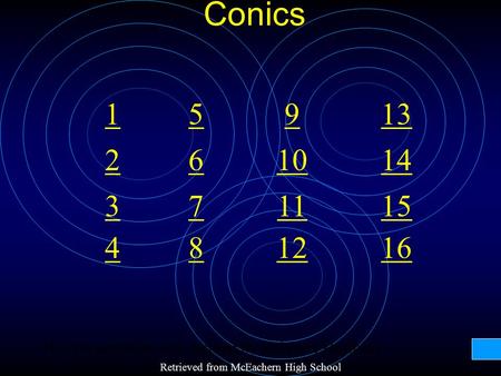 Conics 1 2 3 4 7 8 6 5 10 12 11 9 16 15 14 13 This presentation was written by Rebecca Hoffman Retrieved from McEachern High School.