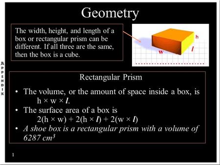 1 The width, height, and length of a box or rectangular prism can be different. If all three are the same, then the box is a cube. Rectangular Prism The.
