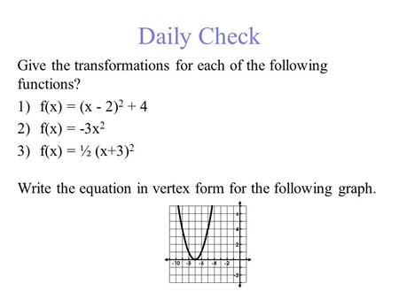Daily Check Give the transformations for each of the following functions? 1)f(x) = (x - 2) 2 + 4 2)f(x) = -3x 2 3)f(x) = ½ (x+3) 2 Write the equation in.