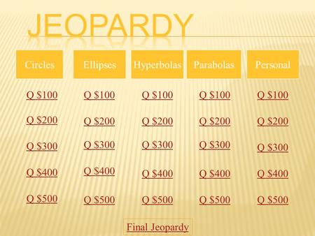 Q $100 Q $200 Q $300 Q $400 Q $500 Q $100 Q $200 Q $300 Q $400 Q $500 Final Jeopardy CirclesEllipsesHyperbolasParabolasPersonal.
