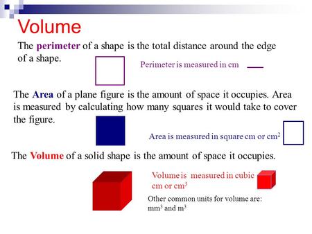 Volume The perimeter of a shape is the total distance around the edge of a shape. Perimeter is measured in cm The Area of a plane figure is the amount.