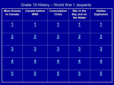 Grade 10 History – World War 1 Jeopardy Halifax Explosion War in the Sky and on the Water Conscription Crisis Canada before WWI More Events in Canada 11111.