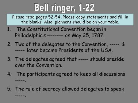 Bell ringer, 1-22 Please read pages 52-54 ;Please copy statements and fill in the blanks. Also, planners should be on your table. The Constitutional Convention.