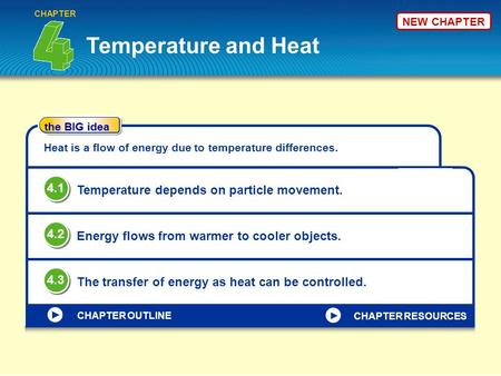 Temperature and Heat 4.1 Temperature depends on particle movement. 4.2