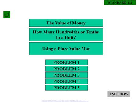 STANDARD 1.2 PROBLEM 1 PROBLEM 3 PROBLEM 2 PROBLEM 4 The Value of Money How Many Hundredths or Tenths In a Unit? Using a Place Value Mat PROBLEM 5 END.