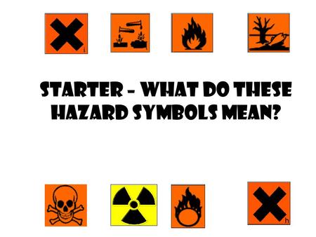 Starter – What do these hazard symbols mean? You need to know what all these symbols mean to keep you safe in science.