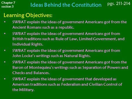 Ideas Behind the Constitution Learning Objectives: SWBAT explain the ideas of government Americans got from the Ancient Romans such as a republic. SWBAT.