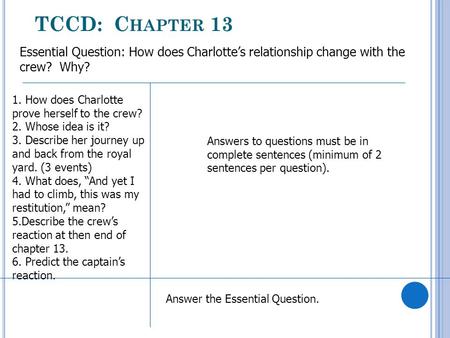 TCCD: C HAPTER 13 Essential Question: How does Charlotte’s relationship change with the crew? Why? Answer the Essential Question. Answers to questions.