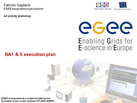 Fabrizio Gagliardi EGEE designated project director All activity workshop EGEE is proposed as a project funded by the European Union under contract IST-2003-508833.