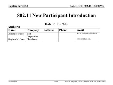 Doc.: IEEE 802.11-13/0049r3 Submission September 2013 Adrian Stephens, Intel : Stephen McCann, BlackberrySlide 1 802.11 New Participant Introduction Date: