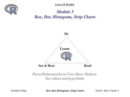 Learn R Toolkit D Kelly O'DayBox, Dot, Histogram, Strip Charts Mod 5 –Box Charts: 1 Module 5 Box, Dot, Histogram, Strip Charts Do See & HearRead Learn.