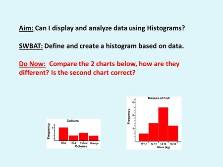 Aim: Can I display and analyze data using Histograms? SWBAT: Define and create a histogram based on data. Do Now: Compare the 2 charts below, how are they.
