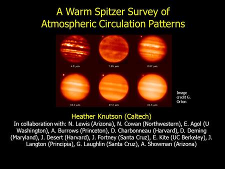 A Warm Spitzer Survey of Atmospheric Circulation Patterns Image credit G. Orton Heather Knutson (Caltech) In collaboration with: N. Lewis (Arizona), N.