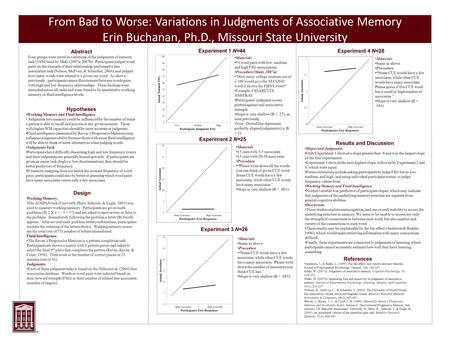 From Bad to Worse: Variations in Judgments of Associative Memory Erin Buchanan, Ph.D., Missouri State University Abstract Four groups were tested in variations.
