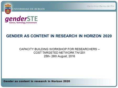 María Amor Barros del Río Gender as content in research in Horizon 2020 GENDER AS CONTENT IN RESEARCH IN HORIZON 2020 CAPACITY BUILDING WORKSHOP FOR RESEARCHERS.