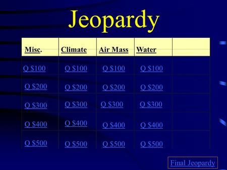 Jeopardy Misc.ClimateAir MassWater Q $100 Q $200 Q $300 Q $400 Q $500 Q $100 Q $200 Q $300 Q $400 Q $500 Final Jeopardy.