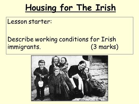 Housing for The Irish Lesson starter: Describe working conditions for Irish immigrants.(3 marks)