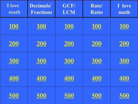 200 300 400 500 100 200 300 400 500 100 200 300 400 500 100 200 300 400 500 100 200 300 400 500 100 I love math Decimals/ Fractions GCF/ LCM Rate/ Ratio.
