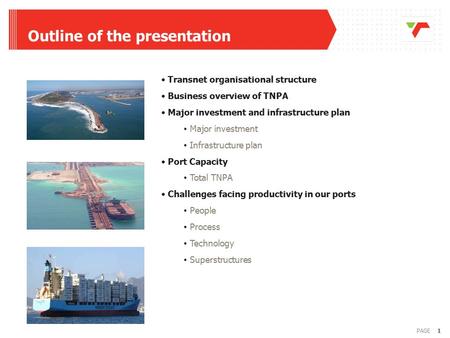 1PAGE Outline of the presentation Transnet organisational structure Business overview of TNPA Major investment and infrastructure plan Major investment.