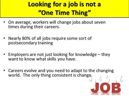 Looking for a job is not a “One Time Thing” On average, workers will change jobs about seven times during their careers. Nearly 80% of all jobs require.