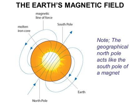 THE EARTH’S MAGNETIC FIELD Note; The geographical north pole acts like the south pole of a magnet.