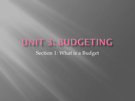 Section 1: What is a Budget.  Distinguish a budget vs. a financial plan  Define: Scarcity, Budget (balanced, deficit, surplus), assets, net worth statement,