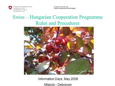 Embassy of Switzerland Swiss Contribution Office Hungary Swiss – Hungarian Cooperation Programme Rules and Procedures Information Days, May 2008 Miskolc.