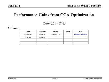 Doc.: IEEE 802.11-14/0889r0 Submission June 2014 Nihar Jindal, Broadcom Performance Gains from CCA Optimization Date: 2014-07-15 Authors: Slide 1.