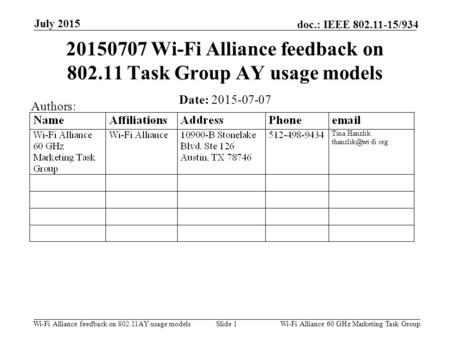Wi-Fi Alliance feedback on Task Group AY usage models