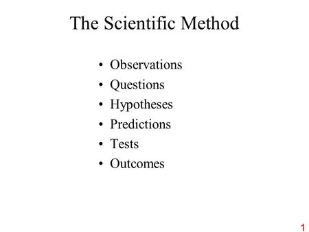 The Scientific Method Observations Questions Hypotheses Predictions Tests Outcomes 1.