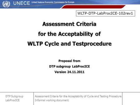 Assessment Criteria for the Acceptability of Cycle and Testing Procedure Informal working document DTP Subgroup LabProcICE slide 1 Assessment Criteria.