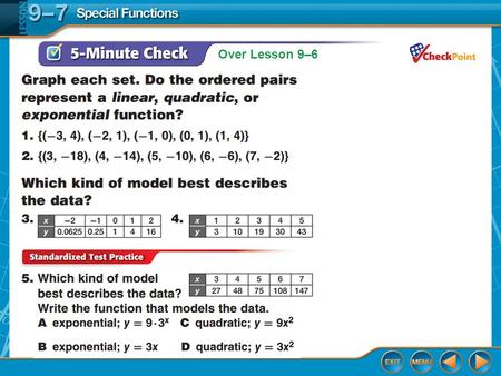 Special Functions Lesson 9-7 Splash Screen LEARNING GOAL Understand how to identify and graph step functions, absolute value functions and piecewise-defined.