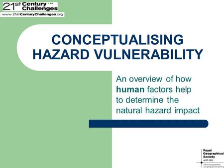 CONCEPTUALISING HAZARD VULNERABILITY An overview of how human factors help to determine the natural hazard impact.