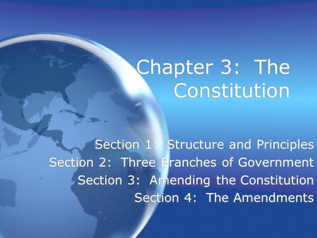 Chapter 3: The Constitution Section 1: Structure and Principles Section 2: Three Branches of Government Section 3: Amending the Constitution Section 4: