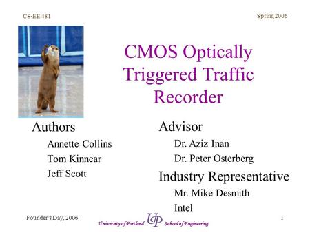 CS-EE 481 Spring 2006 1 CMOS Optically Triggered Traffic Recorder Authors Annette Collins Tom Kinnear Jeff Scott Advisor Dr. Aziz Inan Dr. Peter Osterberg.