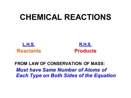 CHEMICAL REACTIONS L.H.S. R.H.S. Reactants Products FROM LAW OF CONSERVATION OF MASS: Must have Same Number of Atoms of Each Type on Both Sides of the.