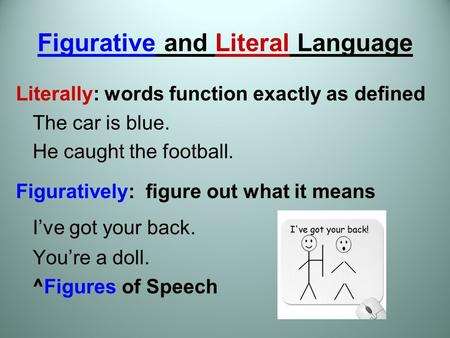 Figurative and Literal Language Literally: words function exactly as defined The car is blue. He caught the football. Figuratively: figure out what it.