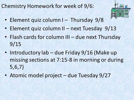 Chemistry Homework for week of 9/6: Element quiz column I – Thursday 9/8 Element quiz column II – next Tuesday 9/13 Flash cards for column III – due next.