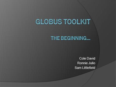 Cole David Ronnie Julio Sam Littlefield. Let’s Begin  Globus Toolkit runs on Unix platform only  Install Ubuntu 10.04  download all updates for Ubuntu.