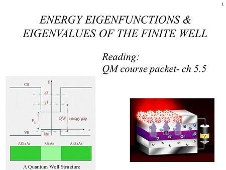 1 Reading: QM course packet- ch 5.5 ENERGY EIGENFUNCTIONS & EIGENVALUES OF THE FINITE WELL.