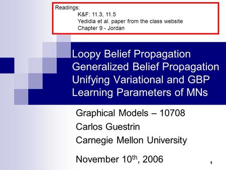 Readings: K&F: 11.3, 11.5 Yedidia et al. paper from the class website