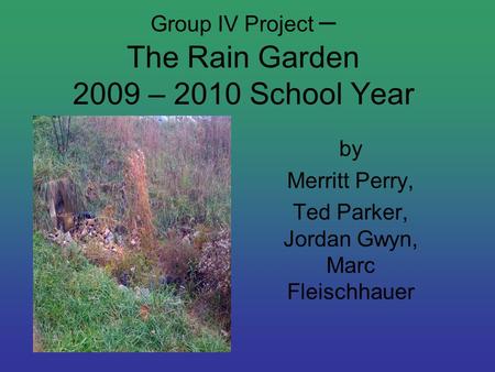 Group IV Project – The Rain Garden 2009 – 2010 School Year by Merritt Perry, Ted Parker, Jordan Gwyn, Marc Fleischhauer.