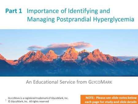 1 Part 1 Importance of Identifying and Managing Postprandial Hyperglycemia An Educational Service from G LYCO M ARK G LYCO M ARK is a registered trademark.